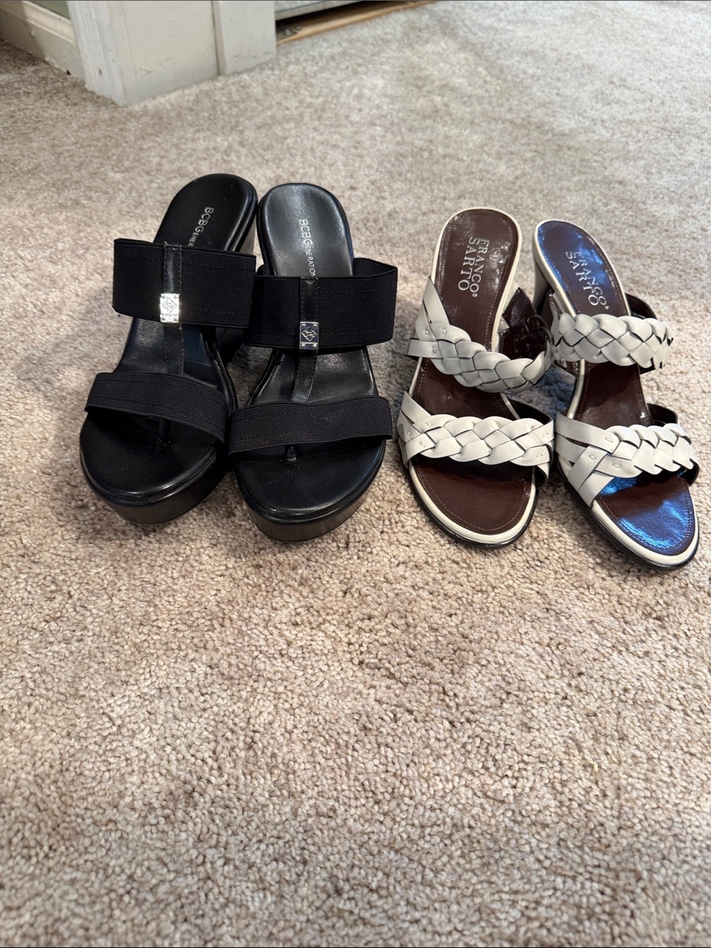 2 Pairs BCBG Black Platform Double-Strap Slide Mules and Franco Sarto heels.